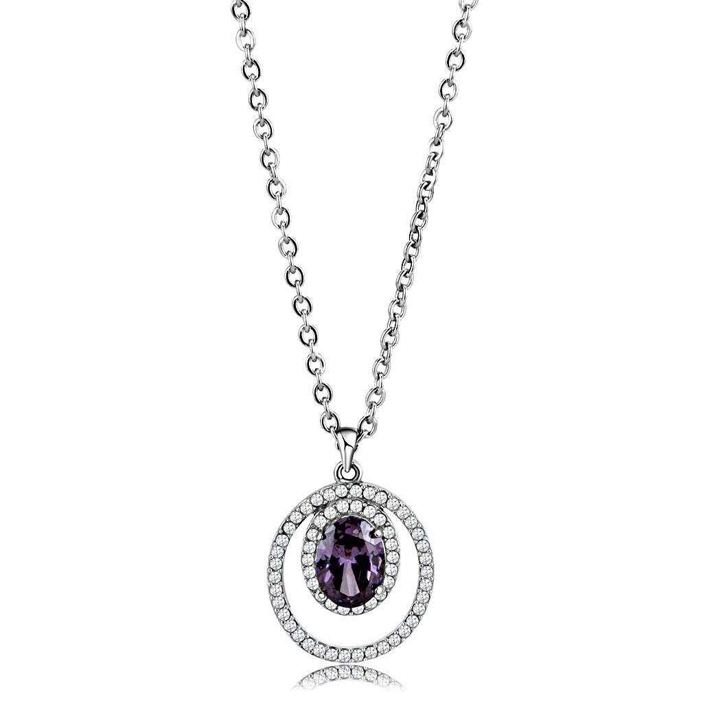 JCE300 High polished (no plating) Stainless Steel Chain Pendant with AAA Grade CZ  in Amethyst