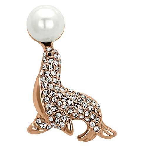 JCE2873 Flash Rose Gold White Metal Brooches with Synthetic Pearl in White