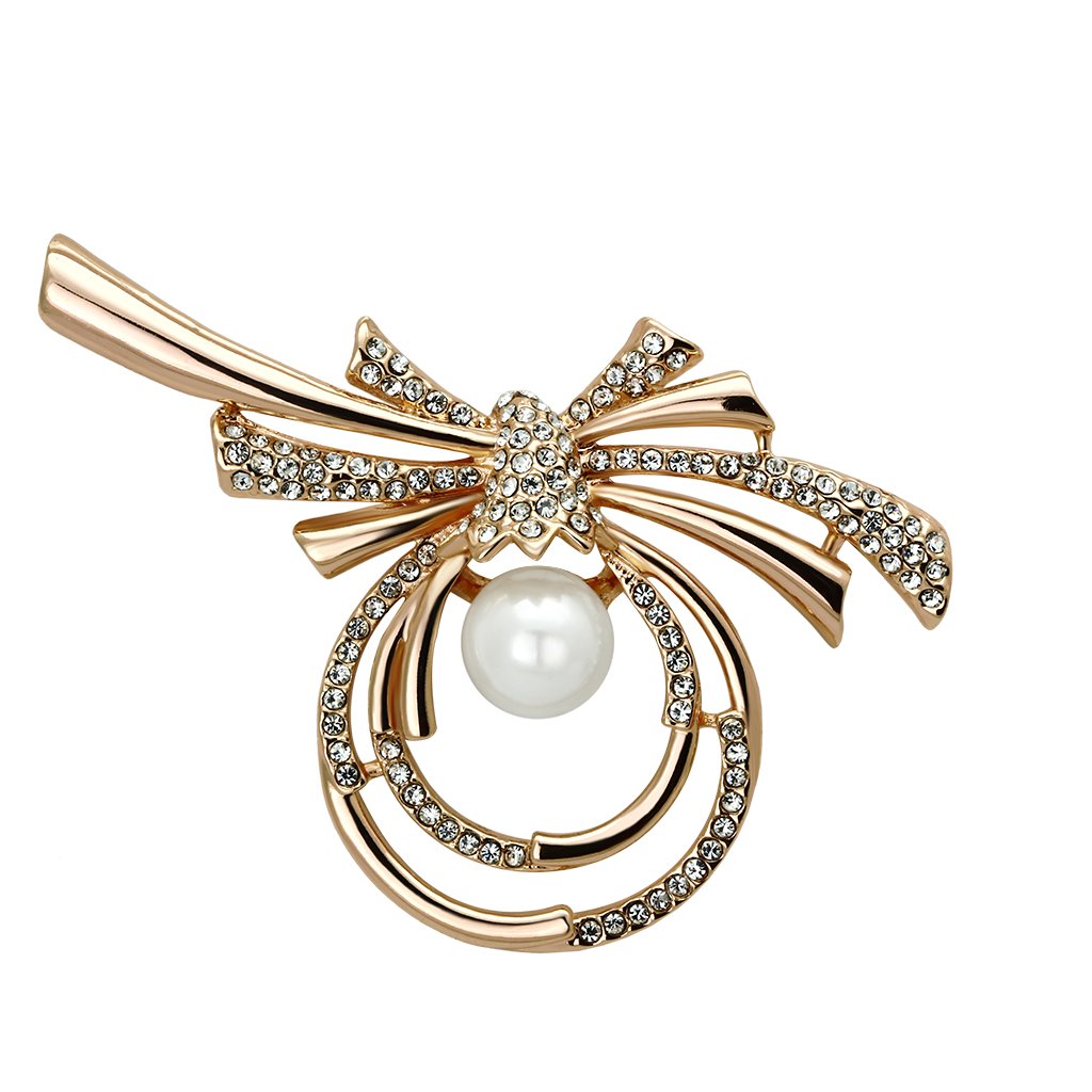 JCE2939 Flash Rose Gold White Metal Brooches with Synthetic Pearl in White