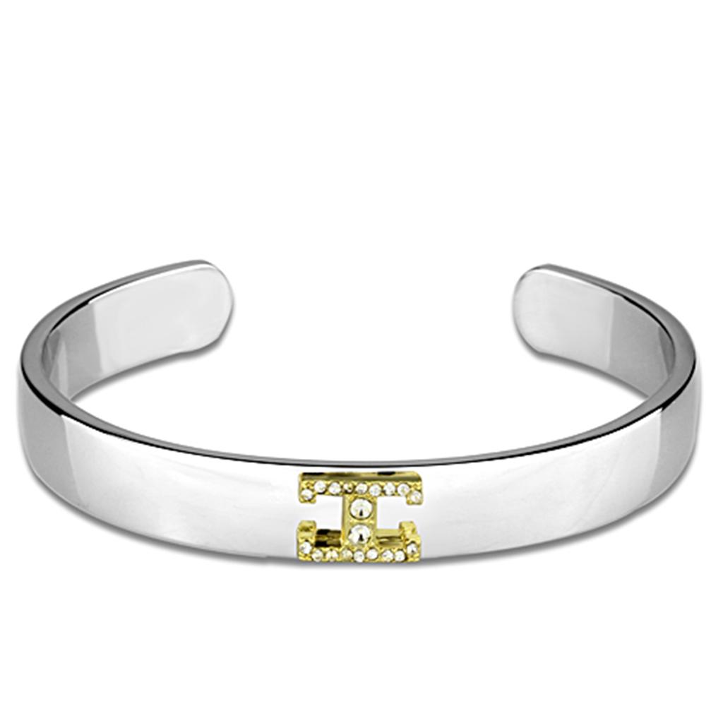 JCE3619 Reverse Two-Tone White Metal Bangle with Top Grade Crystal  in Clear