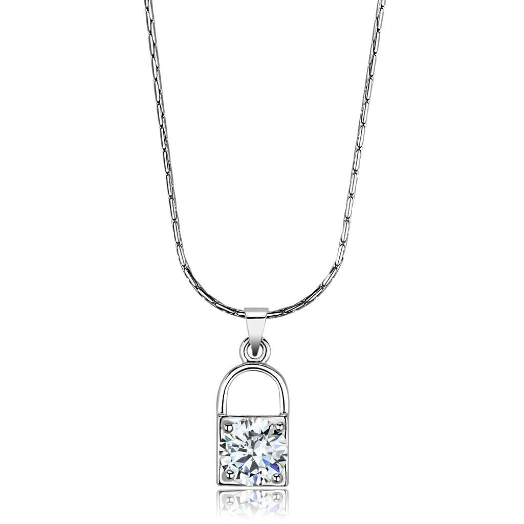 JCE4150 Rhodium Brass Chain Pendant with AAA Grade CZ  in Clear