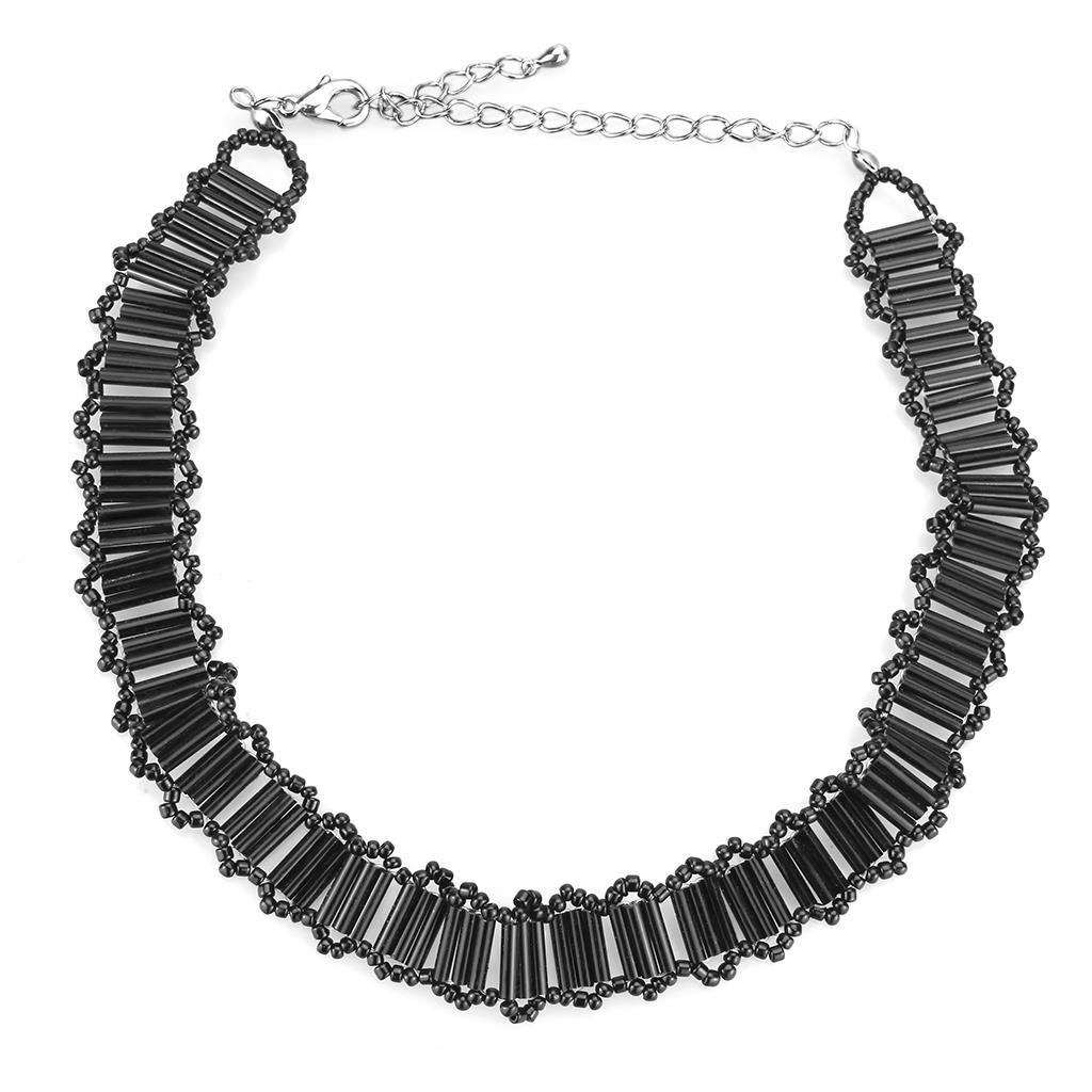 JCE4724 Rhodium White Metal Necklace with Synthetic Synthetic Glass in Jet