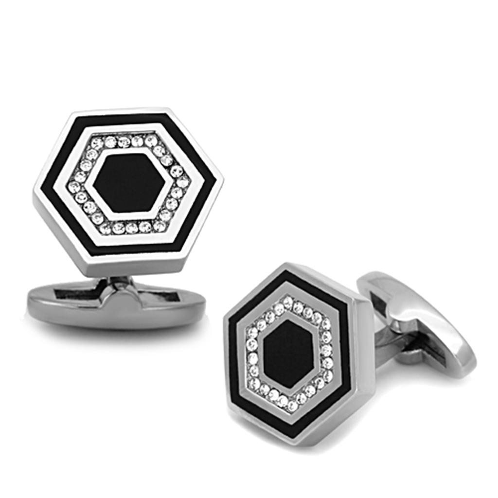 JCE1262 High polished (no plating) Stainless Steel Cufflink with Top Grade Crystal  in Clear