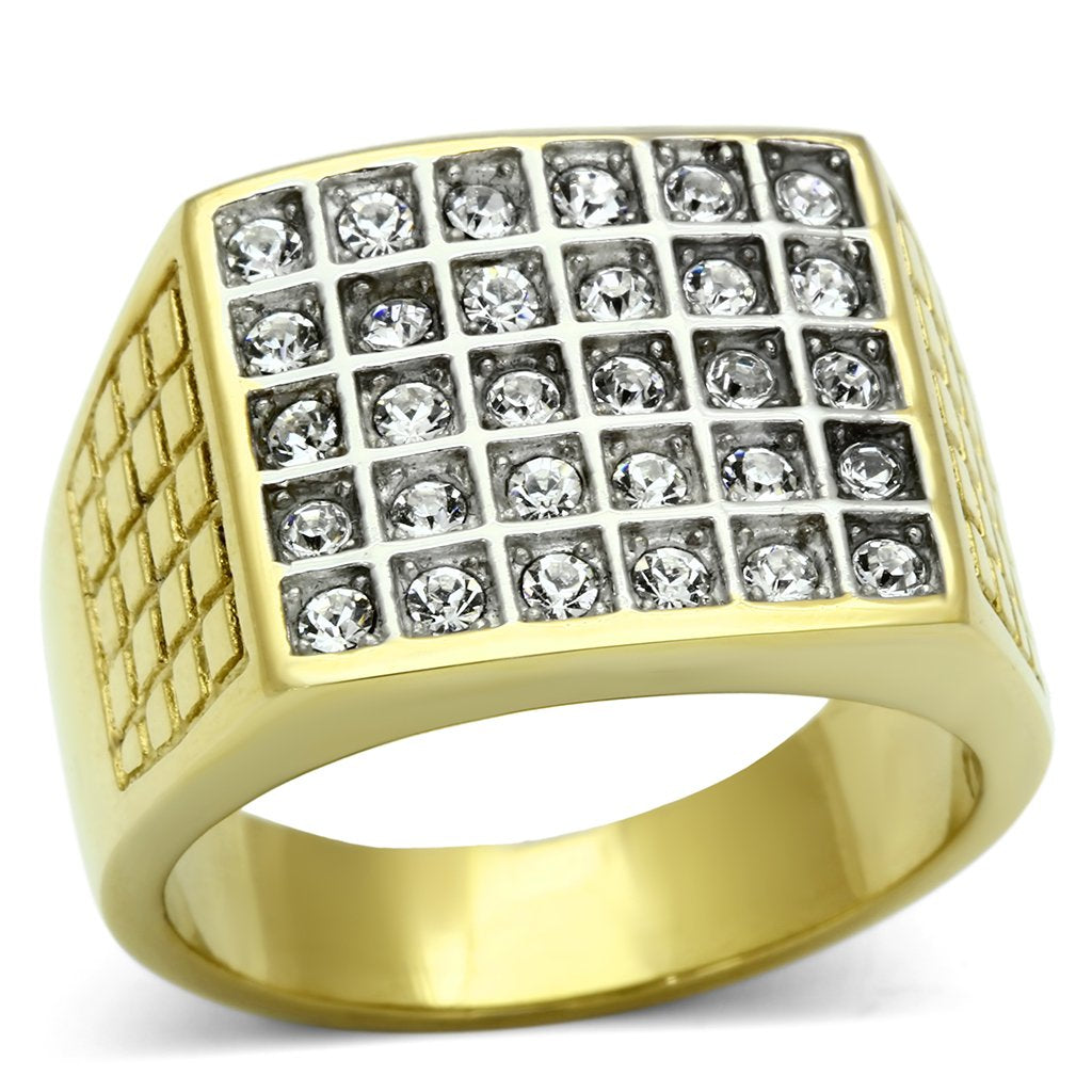 JCE734 Two-Tone IP Gold (Ion Plating) Stainless Steel Ring with Top Grade Crystal  in Clear