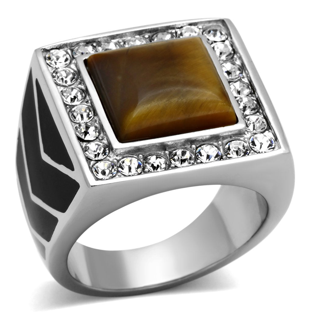 JCE938 High polished (no plating) Stainless Steel Ring with Synthetic Tiger Eye in Topaz