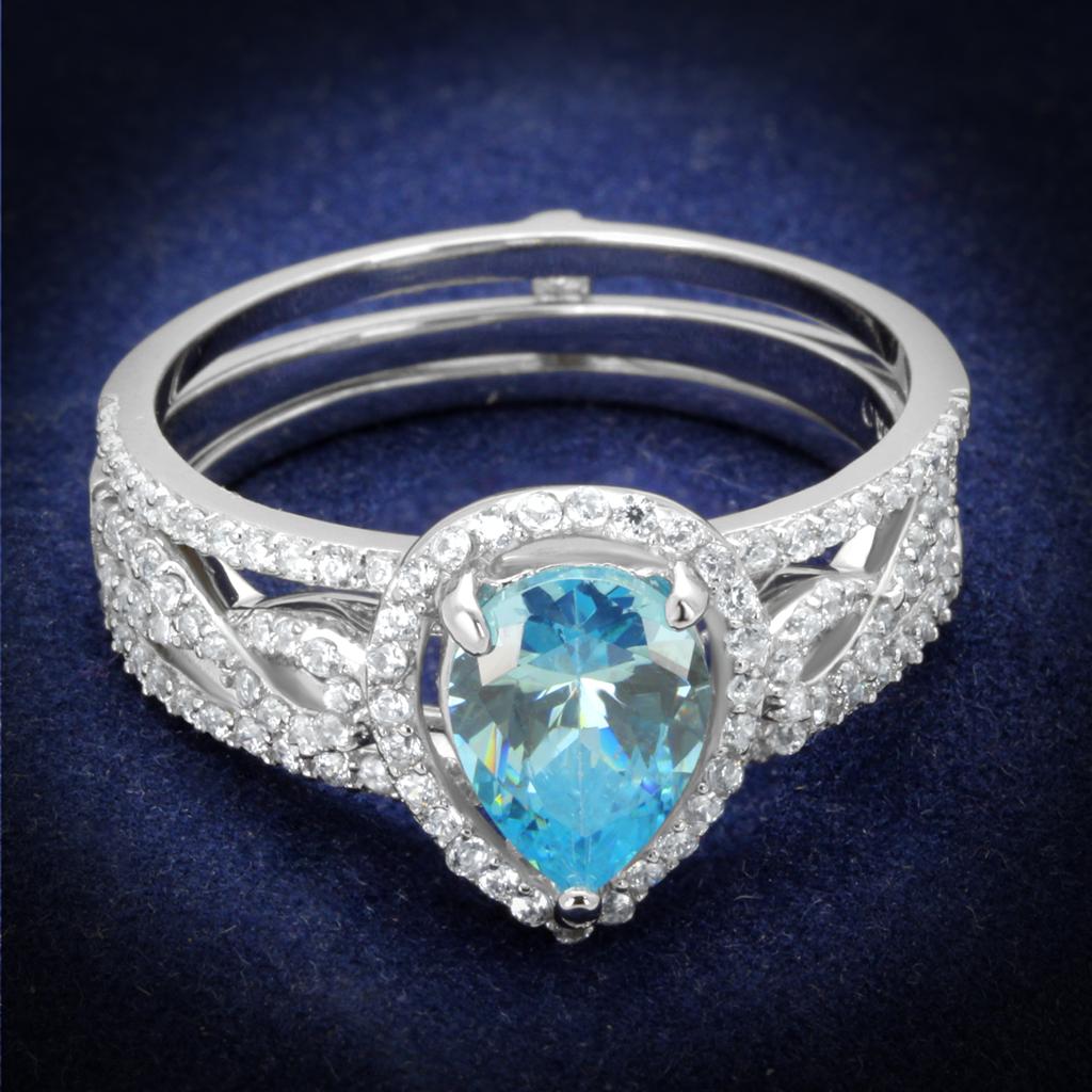 JCE453 Rhodium 925 Sterling Silver Ring with AAA Grade CZ  in Sea Blue